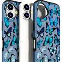 Compatible for iPhone 16 Plus Case Cute with Card Holder Shockproof Slim Slot Phone Wallet Cover for Women/Blue Butterflies Bright Animals Beautiful Theme Ornament