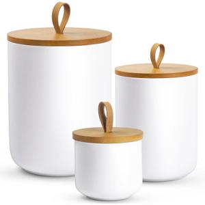 Canisters Sets for The Kitchen, Airtight Kitchen Canisters for Countertop, Kitchen Canisters Set of 3 with Top Handle, Modern Ceramic Jar with Wooden Lid for Coffee Flour Cookie Nuts (White)