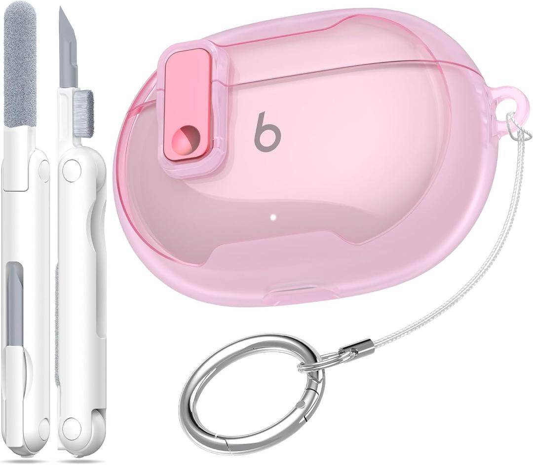 RFUNGUANGO Transparent Protective Case for New Beats Studio Buds + (2023) / Beats Studio Buds (2021), Security Lock for Beats Studio Buds Plus Protective Case with Cleaning Kit/Keychain - Pink
