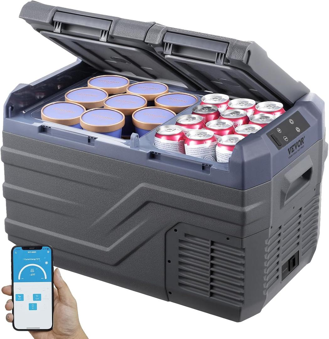 VEVOR NLD35 25Liter(26.4qt) Dual Zone Portable Freezer, 12 Volt Car Refrigerator Fridge, -4-68 Adjustable Range, 12/24V DC and 100-240V AC Compressor Cooler for Outdoor, Camping, RV, Blue Grey