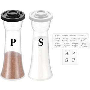 Salt and Pepper Shakers Set of 2, Large Clear Plastic Hourglass Shakers with 16 Pre-Printed Spice Labels, Moisture Proof Lids for Kitchen, Camping, Travel & Outdoor (Black & White)