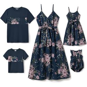PATPAT Family Matching Outfits Mommy and Me Dresses Hawaiian Tropical Vacation Beach Spaghetti Strap Dress and Shirt (12-18 Months, Deep Blue Floral)