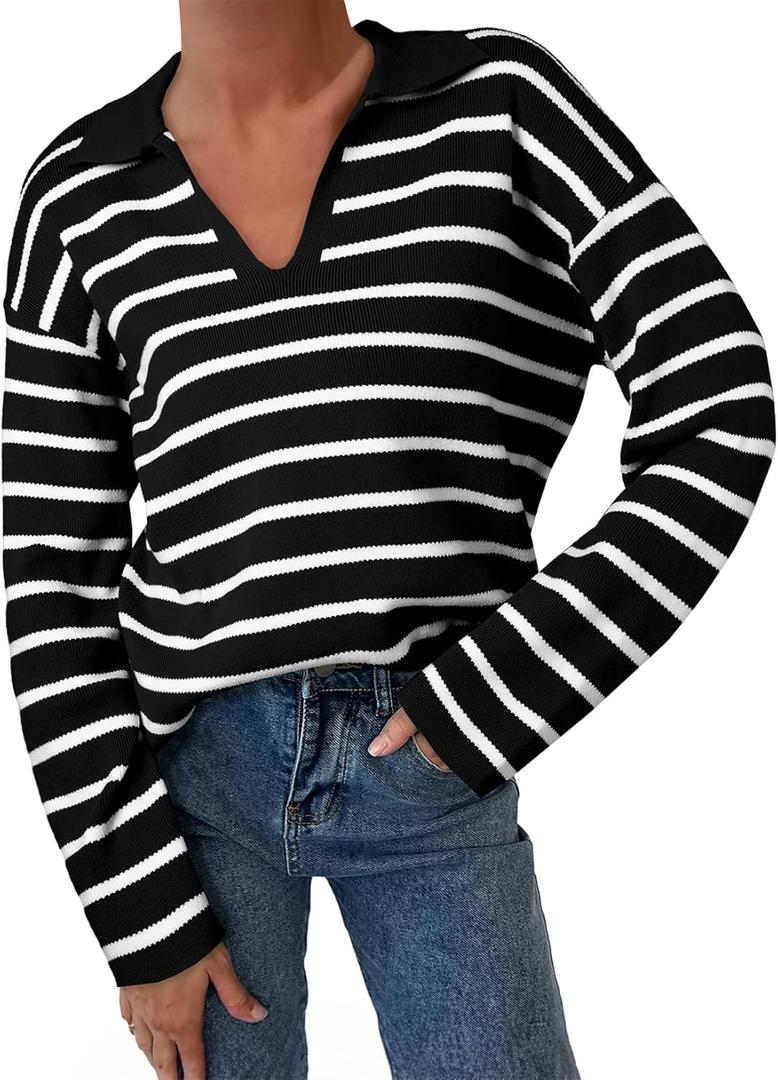 EVALESS Sweaters for Women Long Sleeve V Neck Striped Knit Drop Shoulder Fall Jumper 2025 Henley Pullover (Large)