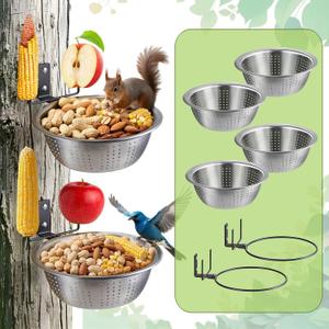 2 Pack Squirrel Feeders, Add 2 Colander Bowls (Each 8.5"/1.4L) for Replacement, Dual Corn Cob Spikes for Multi-Food, Metal Squirrel Feeders for Outside, Removable Bowl Nice to Clean/Refill (Silver)