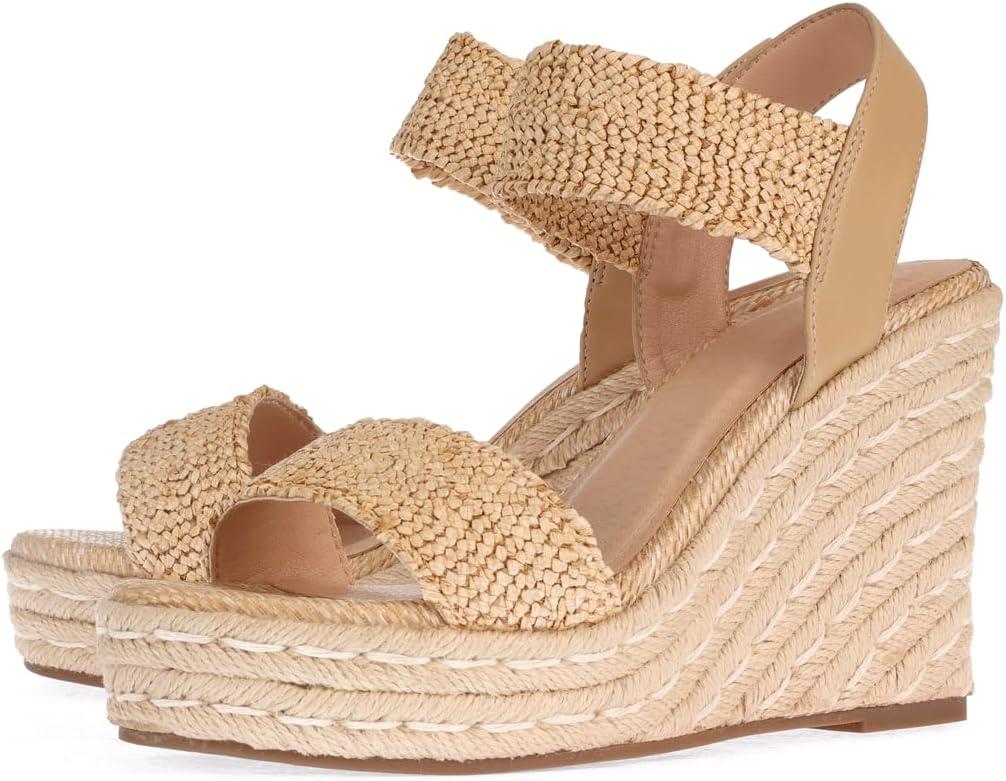 VICKIVICKI Women's Raffia Sandals Wedge Sandals Platform Chunky Espadrilles Wedges Comfortable Elastic sandals Women's Shoes Summer 2025 Sandals Natural Tan Khaki Size 8.5