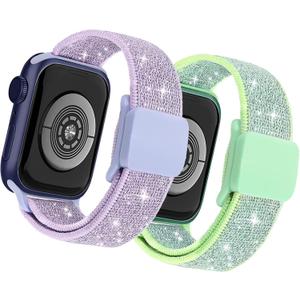 Stretchy Bands Compatible with Kids Apple Watch Band 38mm 40mm 41mm 42mm 44mm 45mm 46mm 49mm, Soft Elastic Glitter Strap for iWatch Series 10 9 8 7 6 5 4 3 SE SE2 SE3 Girls Boys (Teal+Purple)