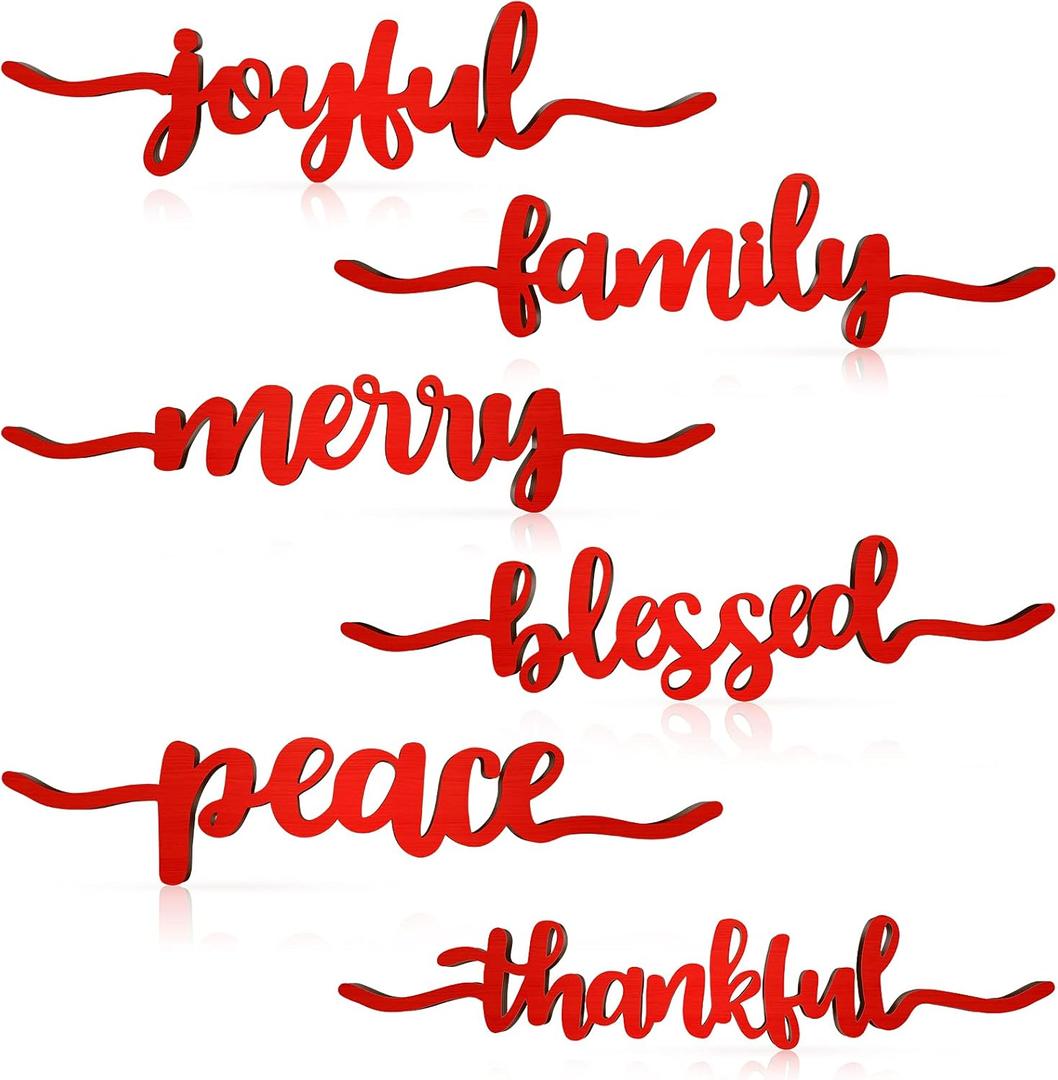 12 Pieces Christmas Table Decor Thankful Blessed Merry Joyful Peace Family Plate Sign Wood Cutout Rustic Decor Inspirational Letter Wood Sign Christmas Decorations (Red)