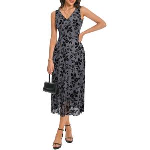 Women's Sexy V Neck Sleeveless Mesh Maxi Dresses Summer Casual Elegant Long Floral Dress Wedding Guest Cocktail Party (Grey)
