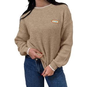 Saodimallsu Womens Sweaters Crew Neck Long Sleeve Knit Contrast Piping Stripe Lightweight Casual Fall Pullover Tops 2025 (Brown)