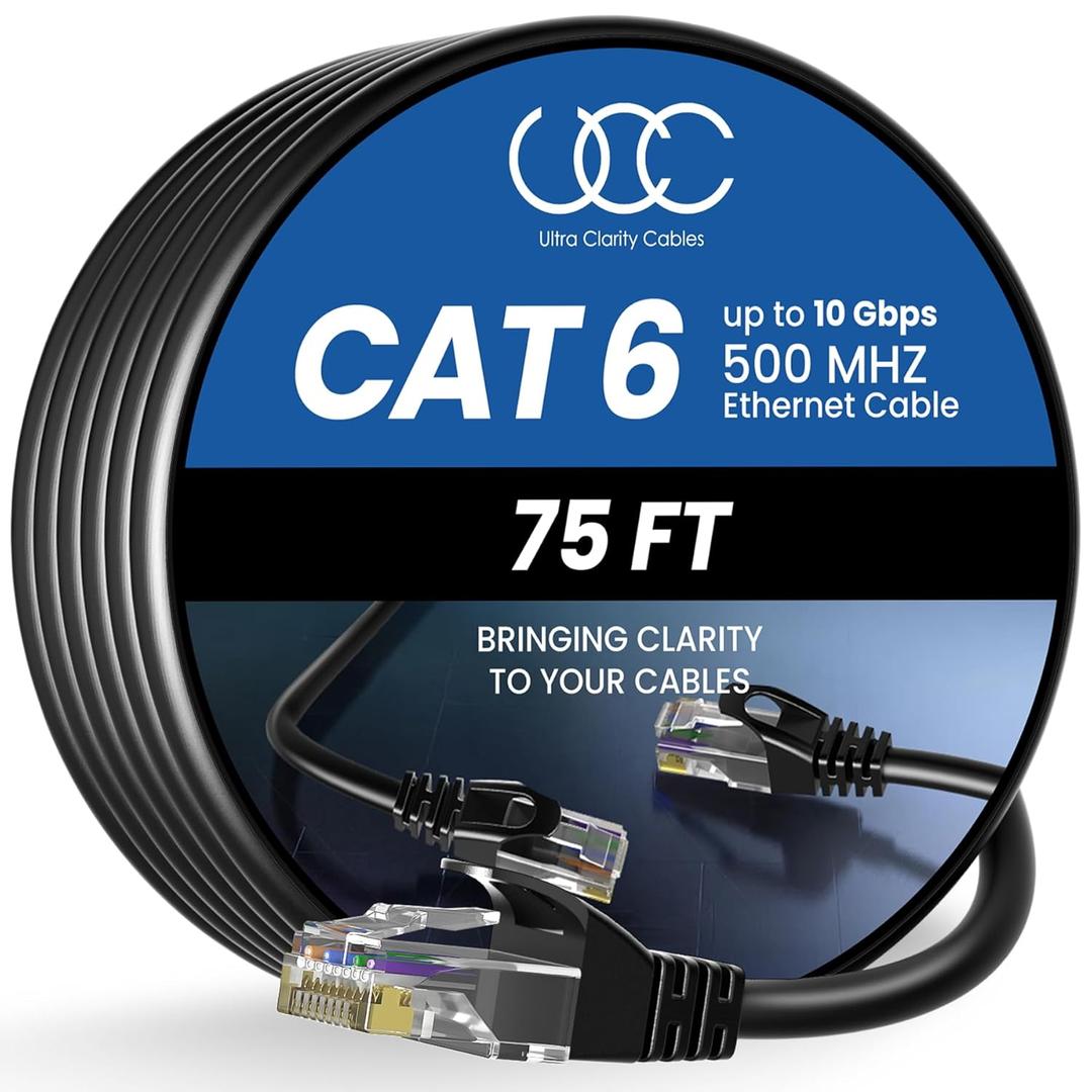 Cat 6 Ethernet Cable 75 ft, 10Gbps High Speed Ethernet Cable, Internet Cable Outdoor&Indoor, Rj45 Cat6 Cable Long Ethernet Cable for Computer, Router, Modem, PS4/5, Xbox, Gaming- Black