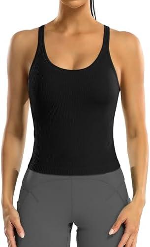 ATTRACO Women Ribbed Workout Crop Tops with Built in Bra Yoga Racerback Tank Top Tight Fit XL