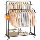 Laiensia Double Rods Garment Rack with Wheels, Clothing Rack for Hanging Clothes,4 Hooks, Multi-functional Bedroom Clothes Rack, Black