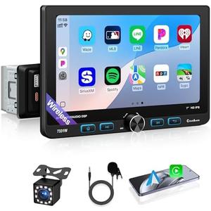 7 Inch Single Din Car Stereo Wireless Apple CarPlay & Android Auto, Detachable Rotatable HD Touchscreen Radio with Bluetooth 5.2, FM AM RDS, USB Type-C, MP5 Player, Backup Camera Input, 4×25W