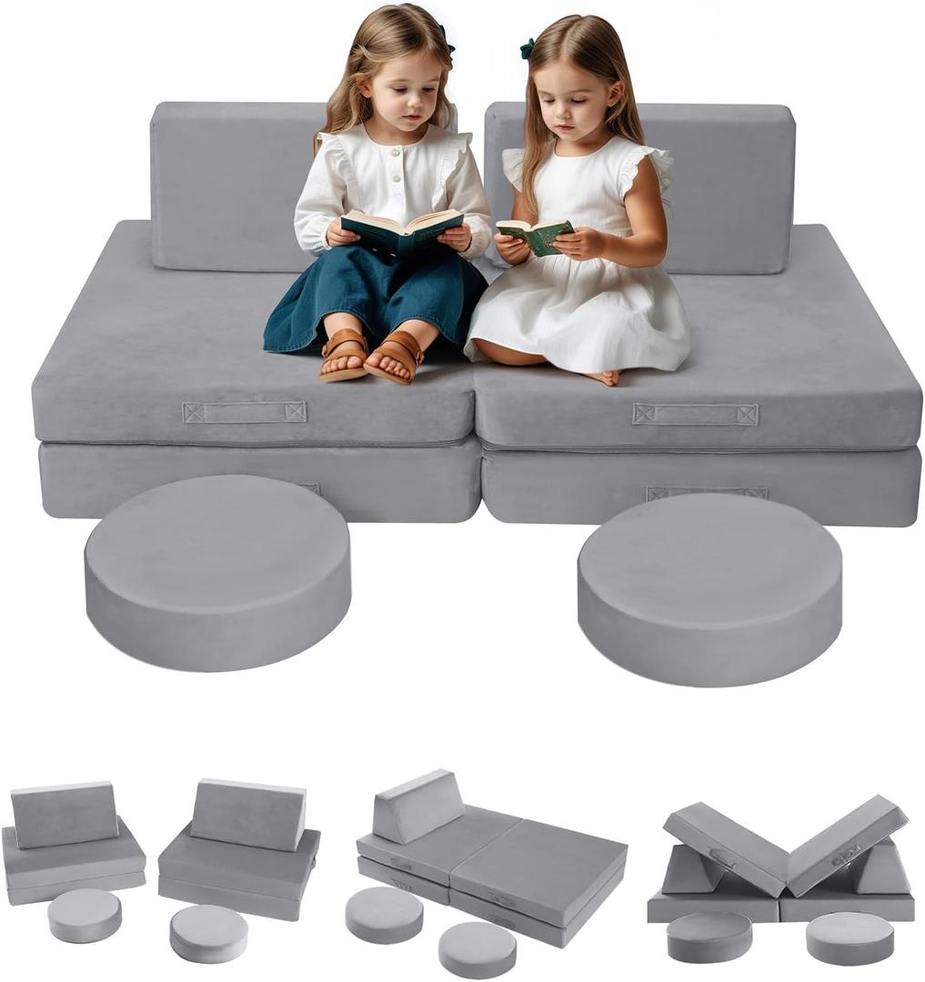 MeMoreCool Kids Modular Play Couch  Compact Foam Explorer Sofa for Toddlers, Grey | Fold-Out Fort Building Blocks, Washable Covers, Ideal for Small Spaces & Playrooms