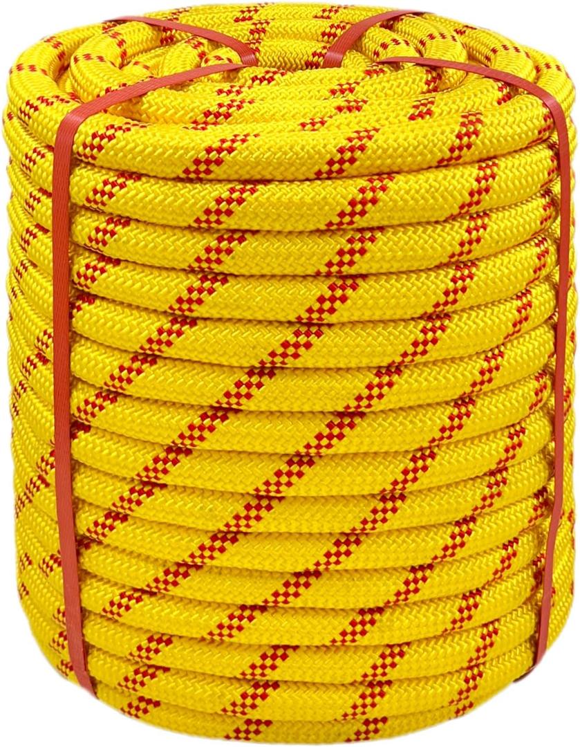Climbing Rope 3/4 in x 150 Ft Yellow Bull Rope Polyester Braided Arborist Rope 48 Strands Climbing Rope for Adults for Tree Pulling,Nautical Rigging Rope Rope Swing for Tree
