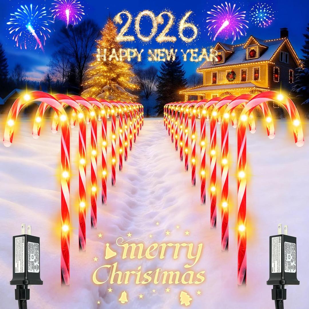 BOSSERN 24 Pack Christmas Candy Cane Lights Plug in, Jumbo Candy Cane Light Waterproof, 8 Modes Christmas LED Decorations for Outdoor, Pathway Lights Plug in for Garden Lawn Yard Patio Decorations (Warm White)