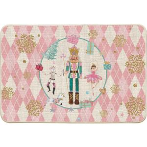 Artoid Mode Pink Diamond Plaid Nutcracker Christmas Doormat, Winter Home Decor Low-Profile Door Mat Floor Mat 24x35 Inch