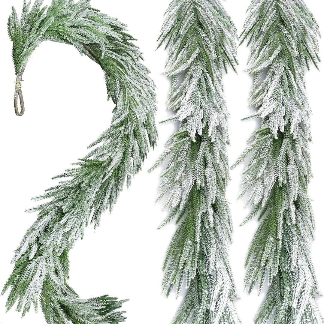 Snow Flocked Norfolk Pine Garlands, 6 FT Real Touch Winter Pine Garland, Green Artificial Greenery Garland for Table, Mantle, Wall, Indoor, Outdoor Christmas Decorations
