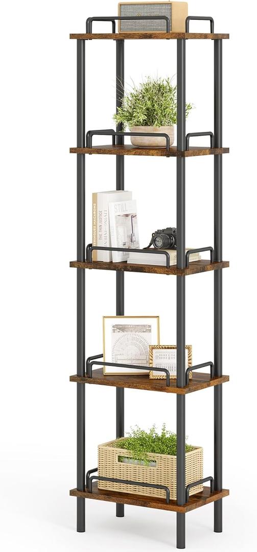 5-Tier Tall Bookshelf, Narrow Bookshelf Storage Rack with guardrail, Corner Shelf for Living Room, Bedroom, Bathroom, 11 x 14 x 59 Inches, Rustic Brown and Black