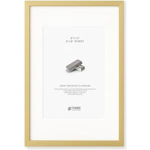 8x12 Picture Frame Gold Shiny Brushed Aluminum Metal 8 x 12 Gold Frame with Mat for 6x8 and Shatterproof Plexiglass Photo Frame for Art Gallery Wall Decor