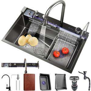 Stainless Steel Flying rain Waterfall Gray-black Drop in Kitchen Sink Workstation Kitchen Sink with Multifunctional Faucet