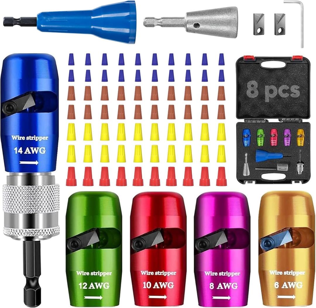 Wire Stripper for Drill - 2025 Upgraded Electric Wire Stripping and Twisting Tool for AWG 14-12-10-8-6, Wire Stripper Tool for Power Drill, Nut Twister Stripping and Connector Kit (8PCS) (Extra Large, Black)