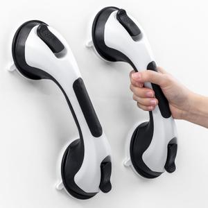 LEVERLOC Grab Bars for Bathtubs and Showers 2 Pack Suction Grab Bar, Heavy Duty 12 Inch Shower Handle Removable Handrails for Seniors and Elderly, Bathroom Safety Grip No Drilling Waterproof Black
