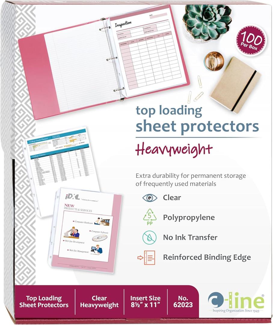 C-Line Top Loading Heavyweight Poly Sheet Protectors, Clear, 8.5 x 11 Inches, 100 per Box (62023)