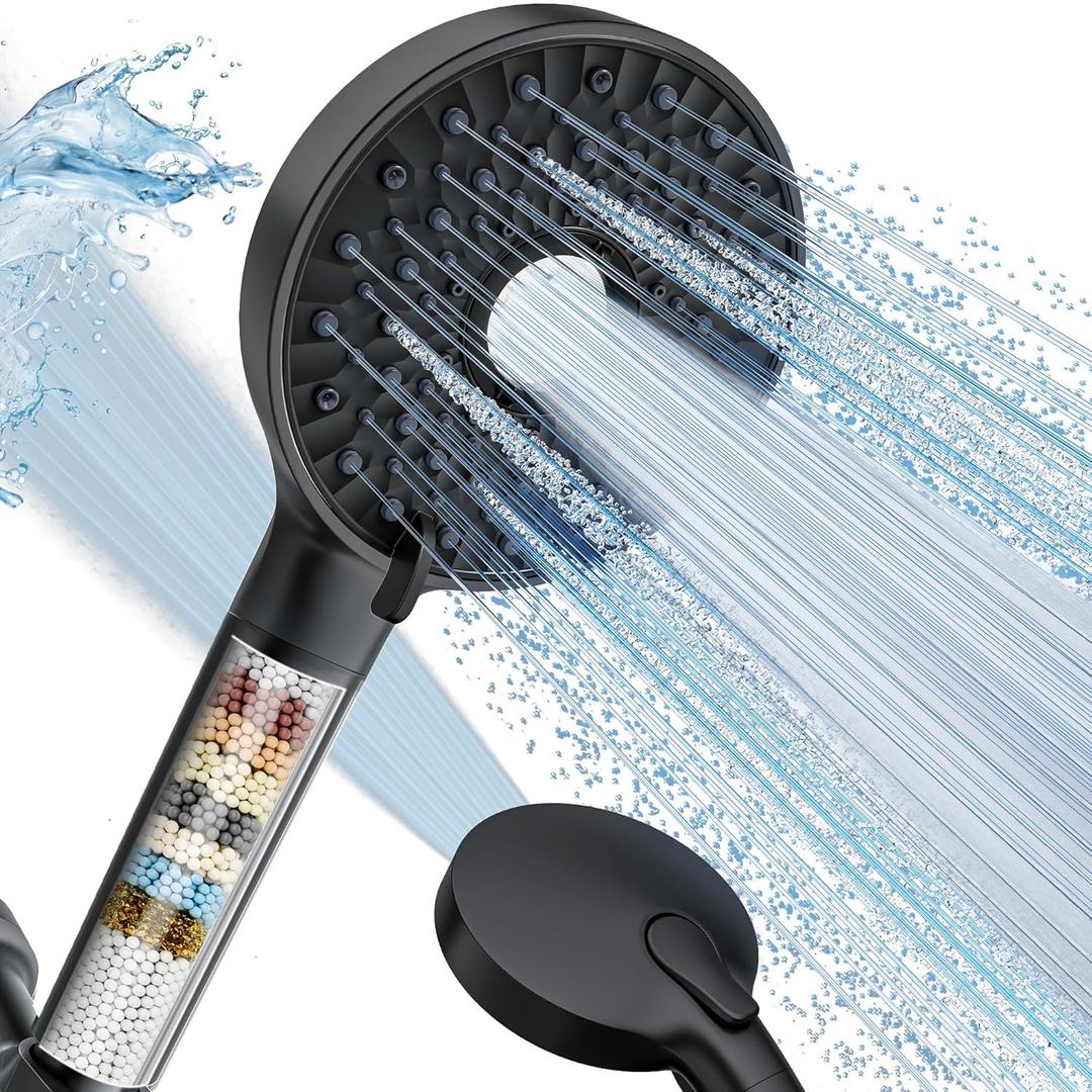Magichome Filtered Shower Head with Handheld, High Pressure 10-Spd Detachable Chrome Showerhead with Stainless Hose, Water Softener Filter Beads for Hard Water - Remove Chlorine, Black