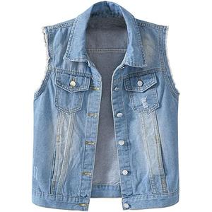 Women's Buttoned Washed Denim Jacket Sleeveless Crop Vest M