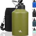 Konokyo 1 Gallon Jug with Handle,128 oz Insulated Water Bottle with Carrying Pouch, Double Wall Vacuum Stainless Steel Metal Bottle,Forest Green