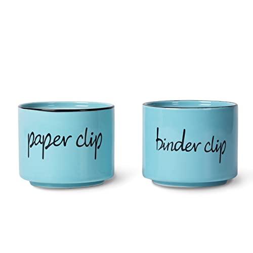 ONTUBE Ceramic Paper Clip Holder and Binder Clip Holder Set Dispenser Organizer for Desk (Turquoise) 2 Pack