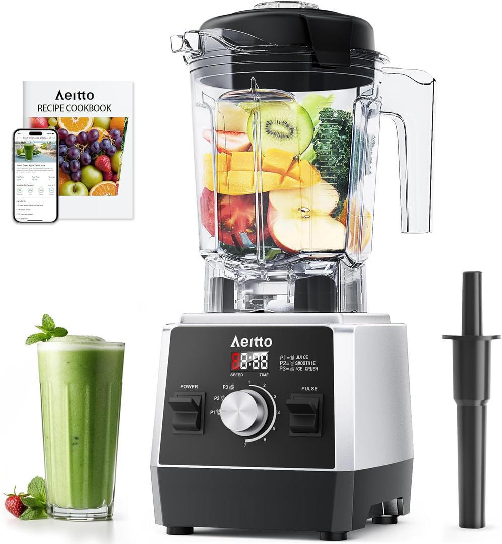 Aeitto Blenders for Kitchen with 68Oz. Large Capacity, 1800W Max Power Smoothie Blender, 3 Preset Programs & 7 Speeds, Professional Countertop Blender for Smoothies, Ice Crush, Generation2 Silver (Black)