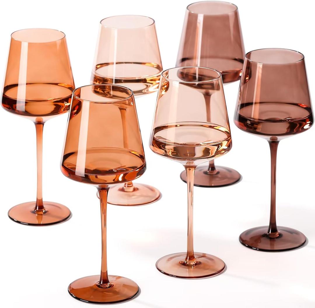 Venus Colored Wine Glasses Set of 6-18ozHand Blown Brown Wine Glasses with Tall Long Stems and Flat Bottom, Amber Colored Glassware-Unique Gifts for Wine Lovers-Wedding Gifts