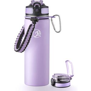GOSWAG Insulated Sports Water Bottle, 24oz 2 Lids(with Straw/No Straw), Stainless Steel Water Bottles with Paracord Handle, Insulated Bottle with Double-Wall Vacuum Insulation (Matte Lilac)
