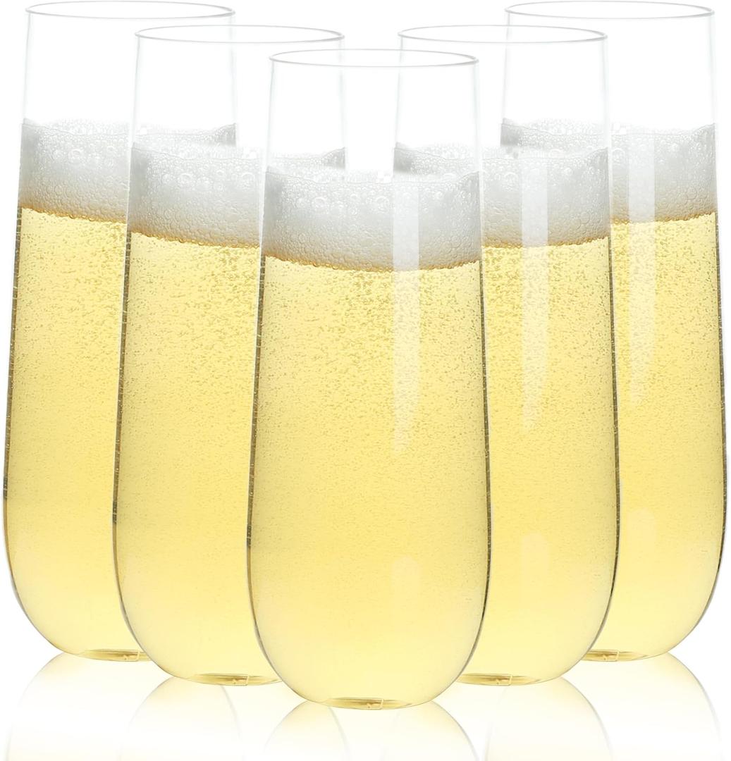 Bestluck 48 Pack 9 oz Stemless Plastic Champagne Flutes, Clear Disposable Champagne Toasting Glasses, Shatterproof and BPA-Free Drinkware for Party & Graduation & Wedding