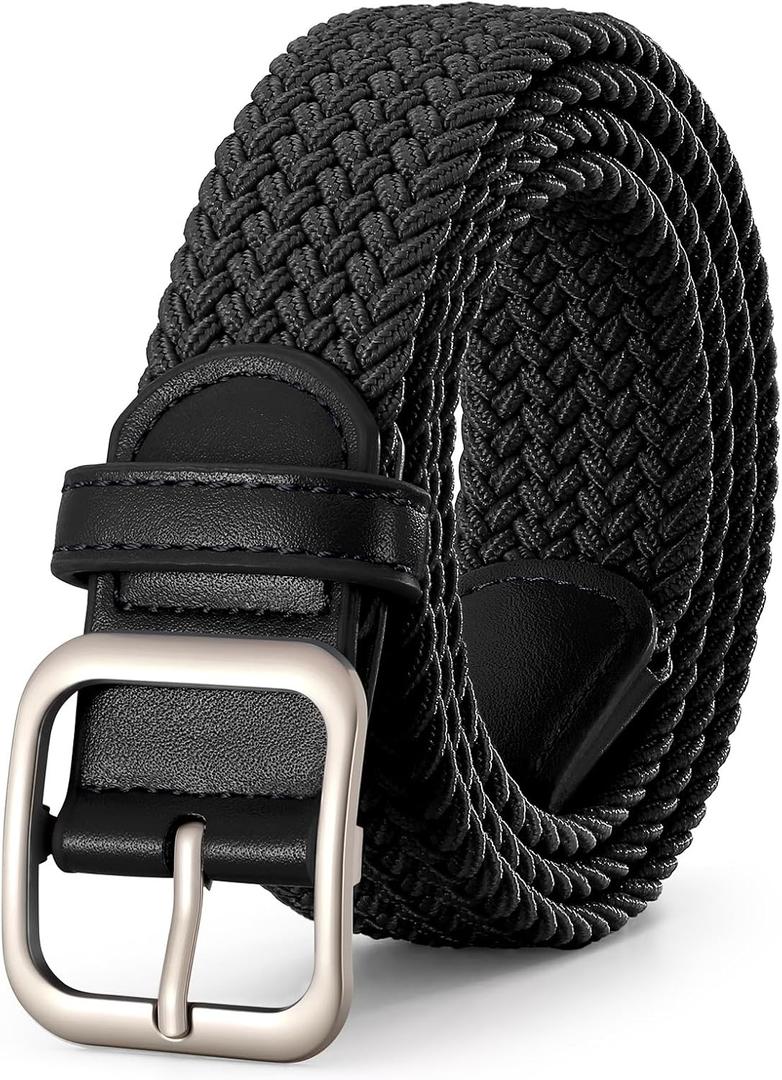 XZQTIVE Women Elastic Braided Belt with Silver Buckle, Woven Stretch Fabric (Fits Waist Size 25-36 inch, Black)
