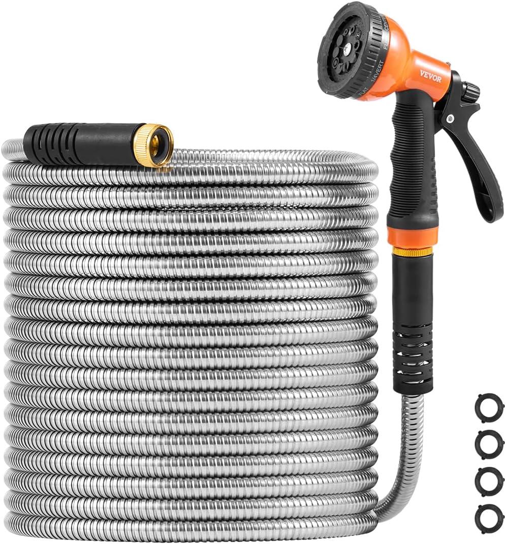 VEVOR Metal Garden Hose 200 ft, Heavy Duty Stainless Steel Water Hose with 10-Function Nozzle, No-Kink & Flexible Outdoor Garden Hose, Rust-Proof Lightweight Hose for Yard, RV, Car Wash