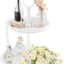 Beaded Tiered Tray Stand, Rustic Wooden 2 Tier Decorative Tray with Bead Garland, Farmhouse Round Wood Serving Tray Counter Centerpiece for Coffee Bar Home Decor Holiday Housewarming Gifts (White)