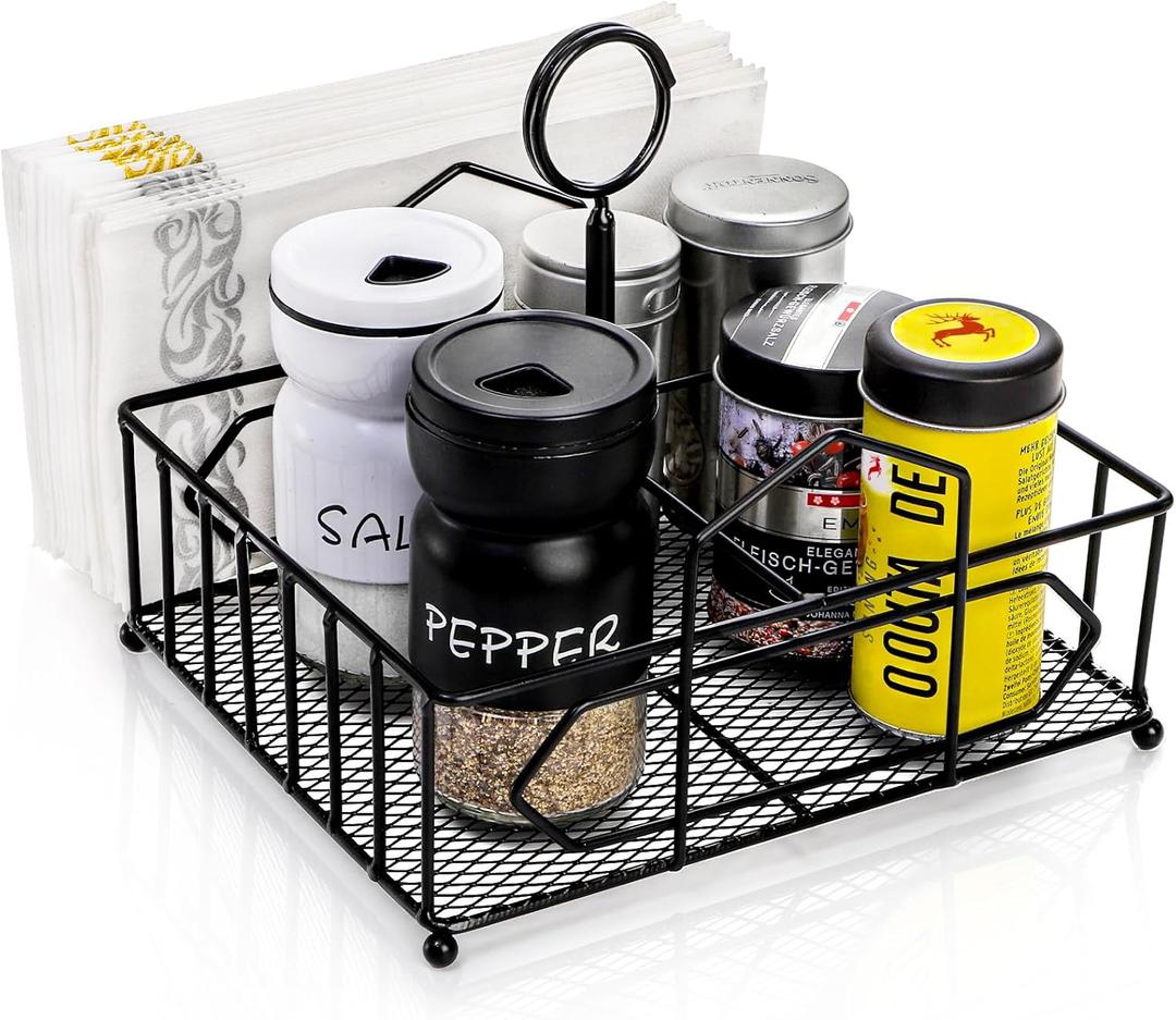 ZOOFOX Metal Napkin Holder with Salt and Pepper Shakers, 2-in-1 Condiment Holder for Table, 4 Compartment Restaurant Wrought Iron Condiment Rack for Party, Camping, Picnic