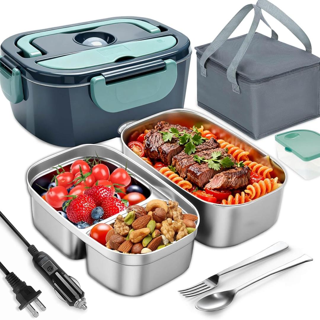 Aotto Electric Lunch Box 3L, 80W Fast Heating (12V/24V/110V) Heated Portable Food Warmer for Car/Truck/Office  Stainless Steel Container, Insulated Carry Bag  Ideal for Adults, Men, Women, Green