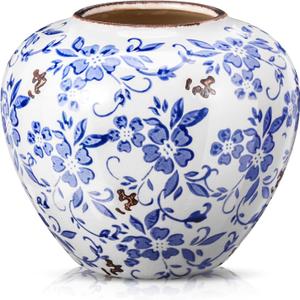 Mimorou Blue and White Vases Ceramic Vintage Chinoiserie Floral 6.69" H Terracotta Round Rustic Pottery Large Crackle Finish Vase for Centerpieces Home Farmhouse Modern Decor Living Room Decoration