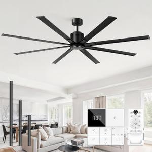 84 Inch Industrial Ceiling Fans No Lights, Large Ceiling Fan with 8 Reversible Blades, Outdoor/Indoor Industrial DC Motor Ceiling Fan with 6-Speed Remote Control for Porch Garage Shop Gym, Black