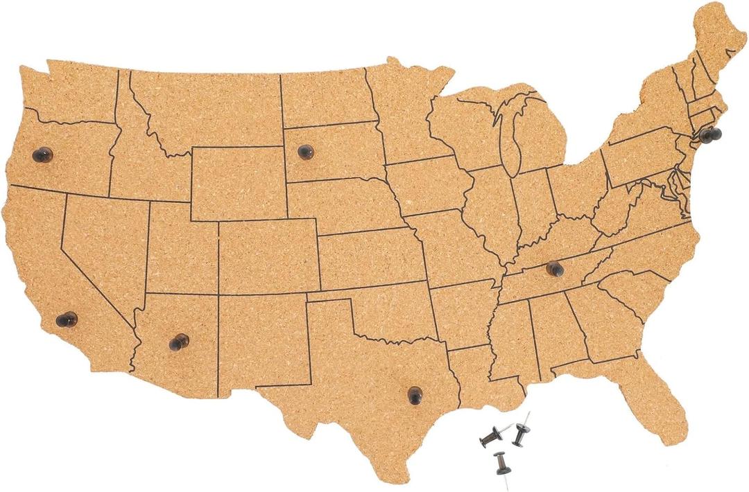 Juvale US Map Cork Board - Travel Tracking Map with Pins - Frameless Natural Cork Wall Decor - Easy Wall Mount for Home & Office Decor - 16"x 10", Brown, 10 Black Pins