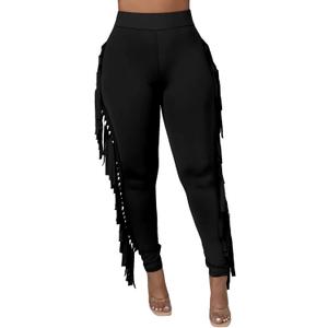 Rimhold Women's Fringe High Waist Solid Bodycon Side Tassel Pants Yoga Sweatpants Bandage Pants (Large, Black)