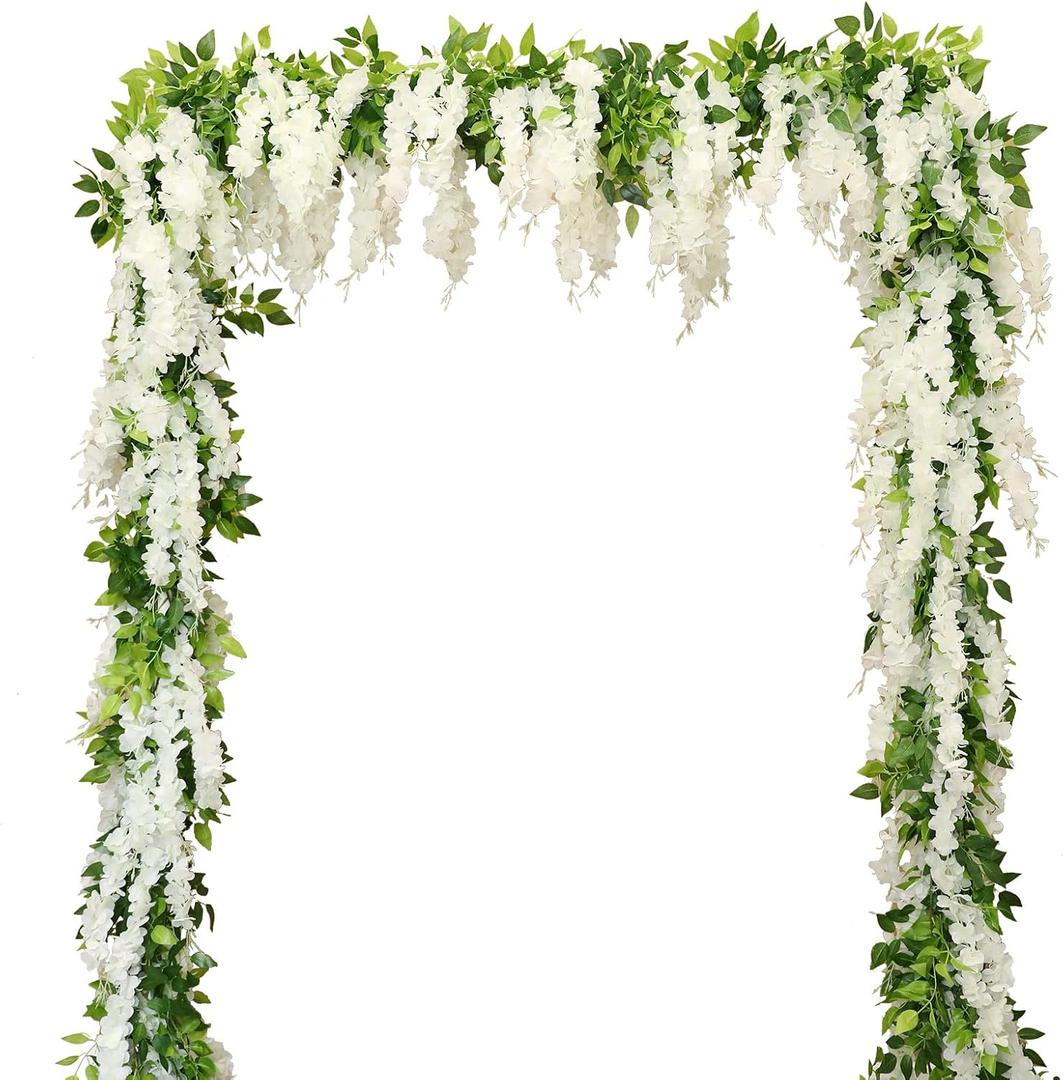 Wisteria Artificial Flowers Garland, 2Pcs Total 14.4ft Silk Faux Wisteria Vine Kit, Hanging Flower Plant for House Outdoor Garden Ceremony Outside Wedding Arch Floral Decor (2, White)