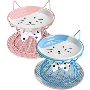 2PCS Ceramic Shallow Cat Food Dishes with Non-Slip Mat, Elevated Cat Food Bowl with Raised Metal Stand, Small Dog Bowl, Whisker Fatigue Pet Food Plate, Dishwasher Safe