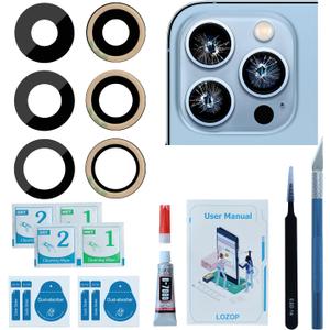 Rear Camera Lens Glass Replacement with Adhesive Pre-Installed Compatible for iPhone 13 Pro / 13 Pro Max (3 Pieces/Set) with Repair Tools and Installation Manual