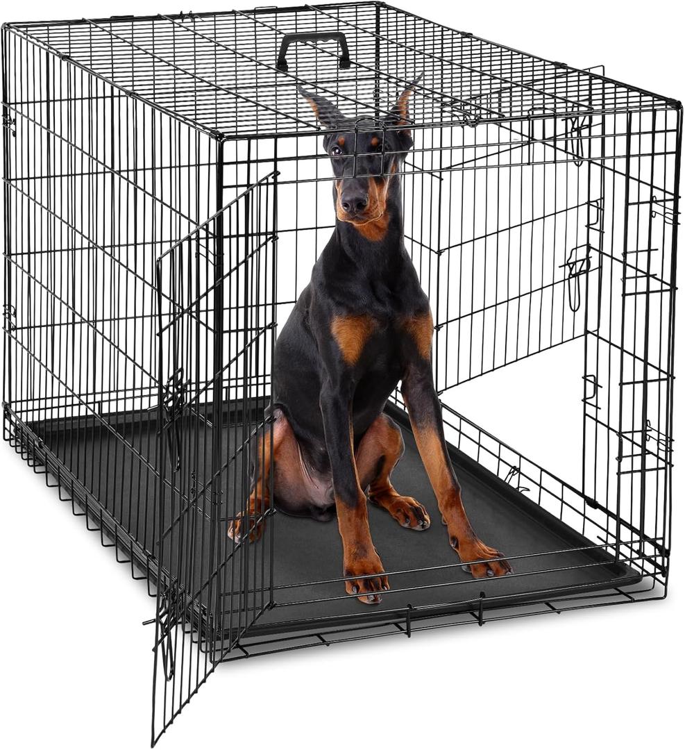 DUMOS Dog Crate, 48 Inch Extra Large Double Door Dog Cage with Plastic Leak-Proof Pan Tray, Folding Metal Wire Pet Kennel for Indoor, Outdoor, Travel