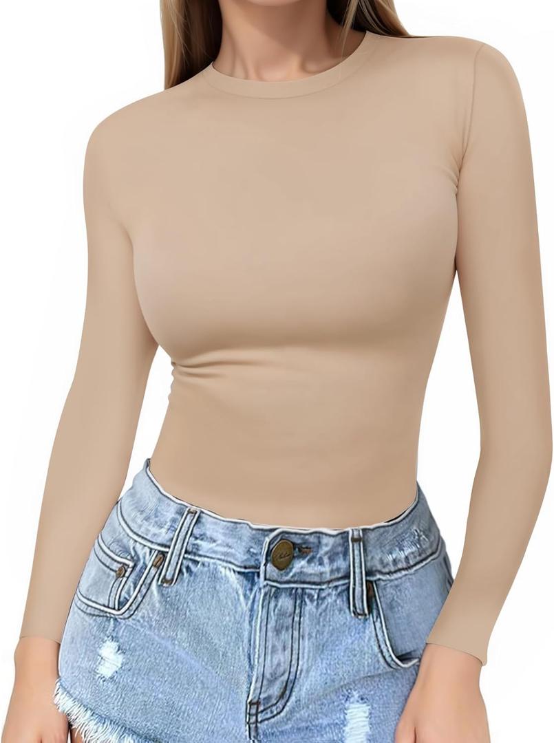 MANGOPOP Crew Neck Long Sleeve T Shirts for Women Fitted Shirts Tight Neck T Shirts Basic Tee Tops (Large)